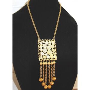 Vintage Chunky Necklace Gold-tone Beaded‎ Dangle Chandelier Pendant Modernist